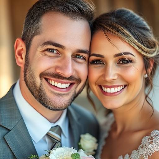Casal sorrindo em foto de casamento