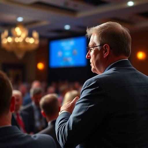 Exemplo de serviäo de cobertura de eventos corporativos, mostrando um fotógrafo capturando um palestrante em um congresso.