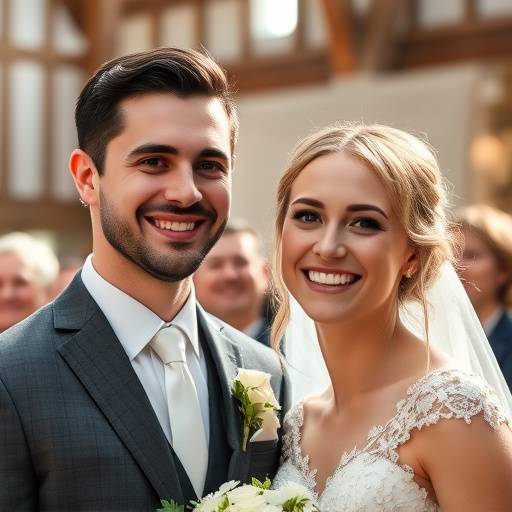 Exemplo de serviäo de fotografia de casamento, mostrando um casal sorrindo durante a cerimônia.