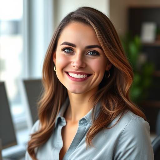 Exemplo de serviäo de retratos profissionais, mostrando uma mulher sorrindo em um ambiente de trabalho.